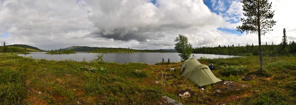 Tent by a lake in Sarek