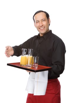 Waiter serves orange juice