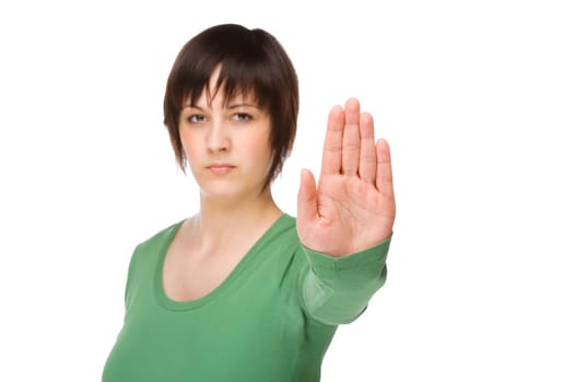 Young woman in defensive posture