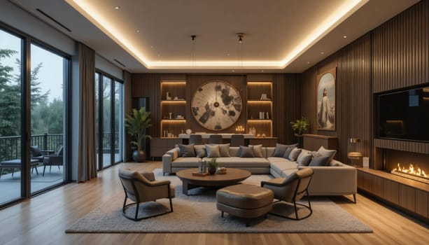 A large living room with a fireplace and a large clock on the wall. The room is well lit and has a cozy atmosphere