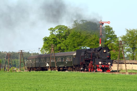 Steam retro train passing the village