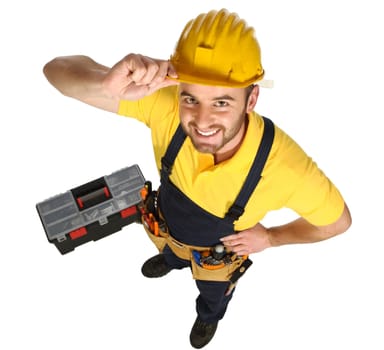 standing caucasian handyman fun view from above