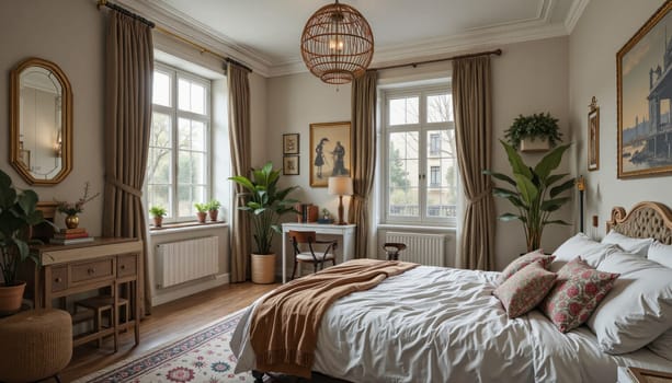 A bedroom with a bed, desk, and potted plants. The room has a cozy and inviting atmosphere