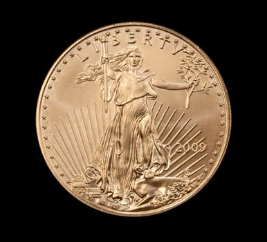 Close up of the Liberty side of a gold coin