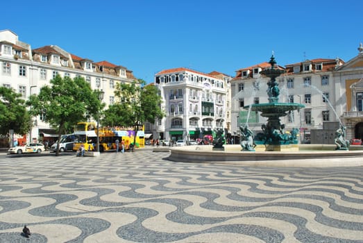 Famous square and fountain in Lisbons downtown, Portugal