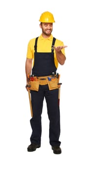 happy handyman standing on white backgro