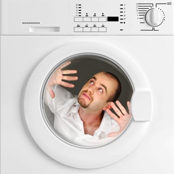 funny portrait of man inside washing machine, household life