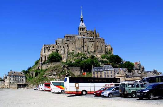 Tourist buses at Mont Saint Michel