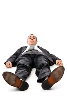 Businessman laying down on white backgro