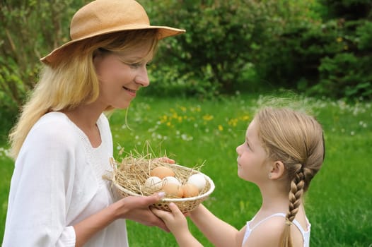 Mother and daughter having Easter time