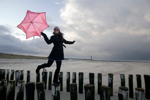 young woman with pink screen