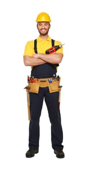 young worker standing with red drill
