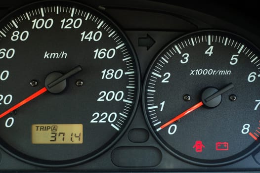 Car dashboard with speed and rpm dials