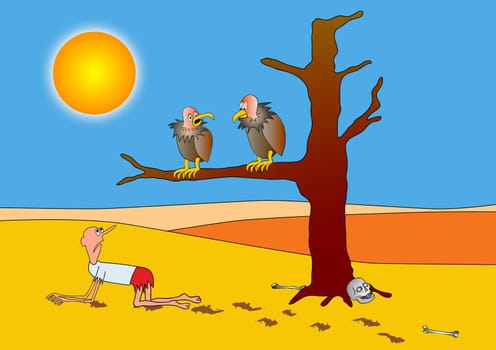 Humorous illustration - poor prospects - man in hot water - inevitable destiny