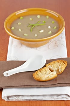 Cream of mushroom soup and bread croutons