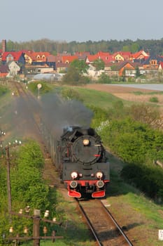 Steam retro train passing the village