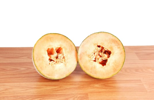 Two halve cantaloupes.