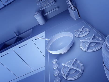 wireframe 3d kitchen