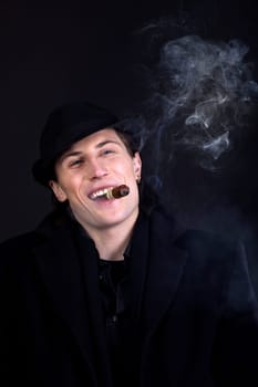 Man in black cloth think with serious look