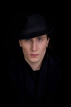 Man in black cloth think with serious look