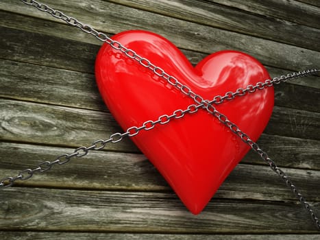 red heart and metal chain 3d image on wood background