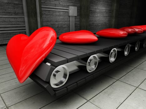 3d image of red hearts on Conveyor belt background