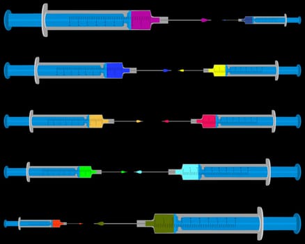Illustration of filled syringes on black background