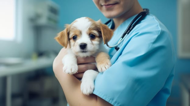Cute dog in the arms of a veterinarian against the backdrop of sunlight, close-up. Pet care and grooming concept.