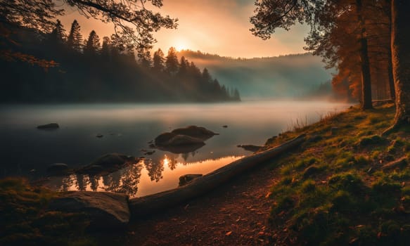 Sunset on the lake. High quality illustration