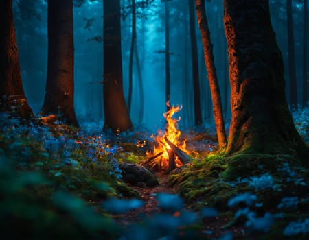 Bonfire in the dark forest. High quality illustration