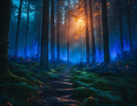 The dark forest is shrouded in mysterious blue energy. High quality photo