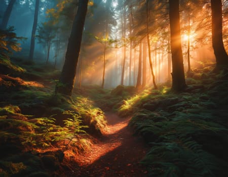 Beautiful morning forest. High quality illustration