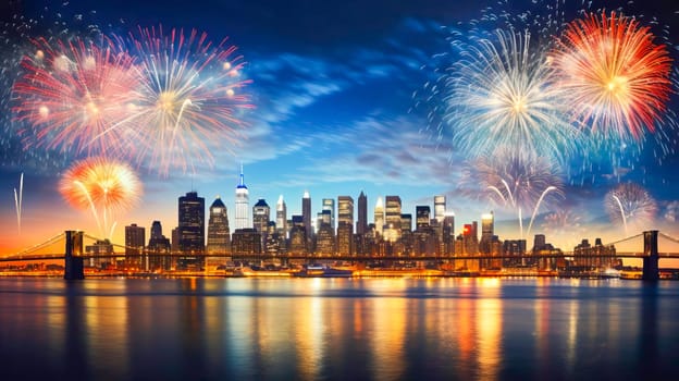 Lively Fireworks Show Brightens the Night City on New Year. Generative AI.