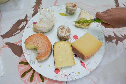 Cheese platter with different cheeses. hand of woman