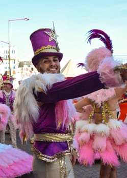 LE MANS, FRANCE - JUNE 16, 2017: Brazilian man dancing at a parade of pilots racing in Le mans,France.