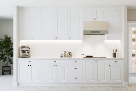 White kitchen with classic cabinets, marble countertops and appliances. Spacious kitchen design. 3D rendering.