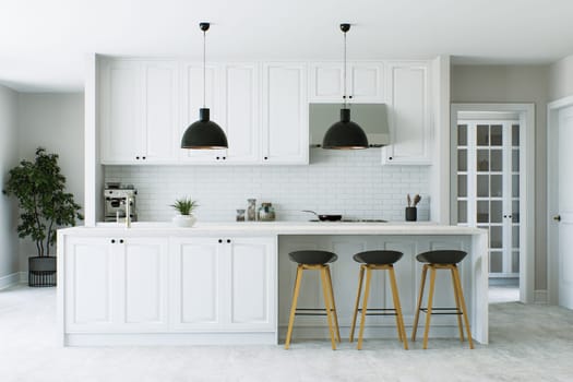 Stylish white kitchen with island, black fixtures, appliances and utensils. Kitchen with common area, kitchen appliances and white marble. 3D rendering