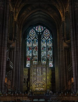 Liverpool, England - Oct 07, 2023 - Beautiful architecture design inside of Liverpool Cathedral. Perspective view of a magnificent inside the church, it's the world's largest Anglican cathedral church building, Selective focus.