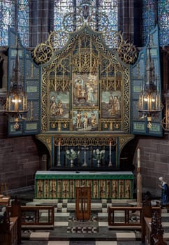 Liverpool, England - Oct 07, 2023 - Beautiful architecture design inside of Liverpool Cathedral. Perspective view of a magnificent inside the church, it's the world's largest Anglican cathedral church building, Selective focus.
