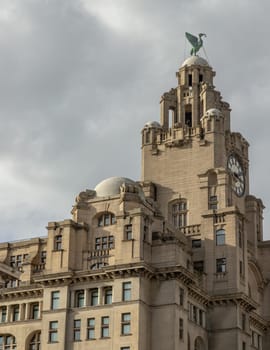 Liverpool, England - Oct 08, 2023 - Architecture building design of Royal liver building on Liverpool's waterfront. Space for text, Selective focus.
