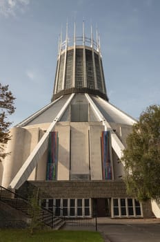 Liverpool, UK - Oct 08, 2023 - Beautiful architecture design of Liverpool metropolitan cathedral. The Roman catholic cathedral at Merseyside, Space for text, Selective focus.