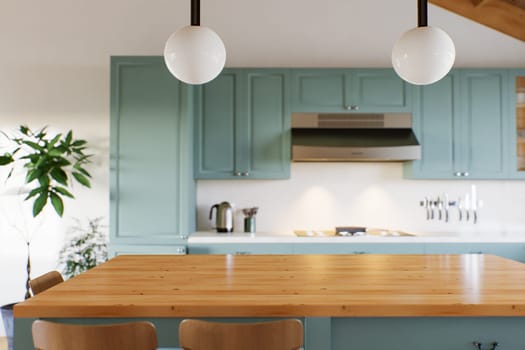 Green kitchen with wood countertops and accent island for product display. Empty kitchen countertop with blurred kitchen background with appliances and utensils. 3D rendering.