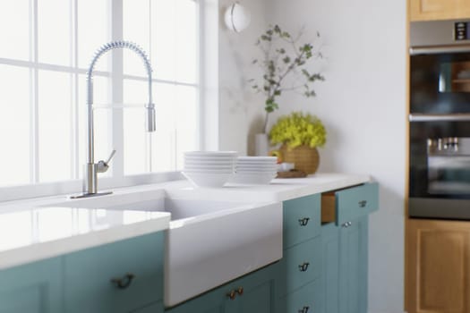 Kitchen with wooden cabinets and green facades, with a large window, kitchen appliances and utensils. Accent on the kitchen sink with faucet in the kitchen. 3D rendering