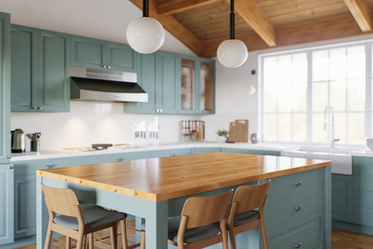 Kitchen with green cabinets, large window in the background and accent countertop to advertise the product. Kitchen island with blurry long shot of green kitchen. 3D rendering.