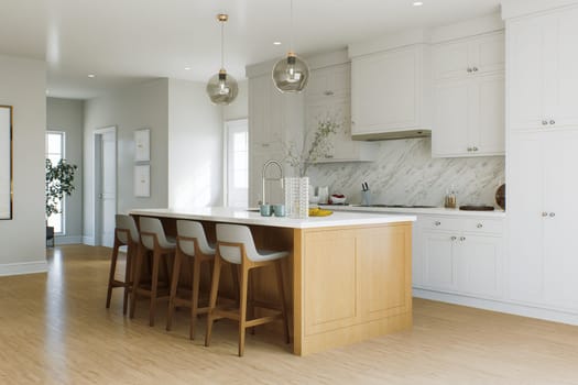 Traditional American kitchen with wooden island and kitchen appliances. Interior of a bright kitchen with a large window. 3d rendering