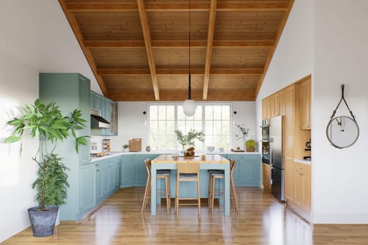 Large U-shaped green kitchen with island and wooden countertop. Kitchen interior with high ceiling and wood in the interior. 3d rendering.