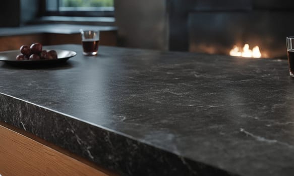 Professional design background with expensive black granite. Dark stone table with elements. High quality illustration