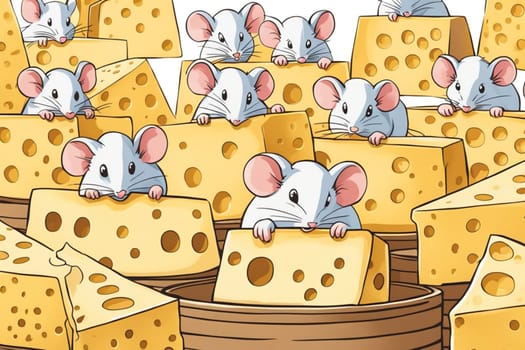 mice eating cheese in a party comic illustration allegory with blue background and flags