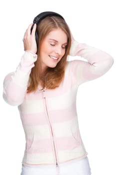 Young woman listens to music