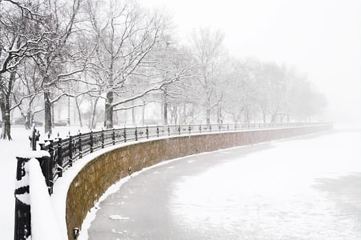 Kronverk embankment and Kamennostrovski Prospekt at snowfall in Saint Petersburg
